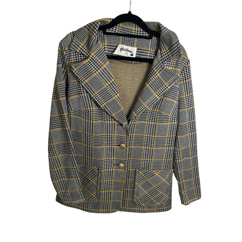 Fire Islander Vintage 70s Retro Black Yellow Plaid Blazer Jacket Size 13/14